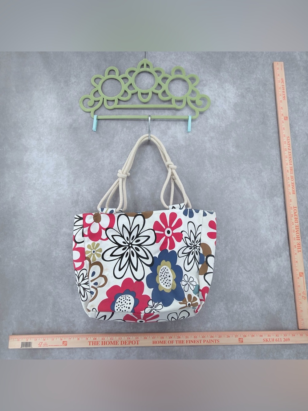 Floral Canvas Tote Bag with Rope Handles - Pink & Blue farmhouse style